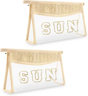 2 PCS Small Boho Straw Clear Sun Makeup Bags for Women&Girls, Zipper Cosmetic Bag Chenille Varsity Letter Patch Bag, Preppy Cute Toiletry Pouch, Trendy Organizer Storage Bag for Beach Travel