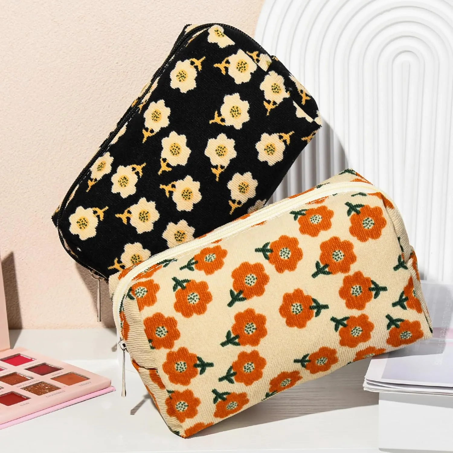 2 Pieces Makeup Bag Floral Cosmetic Bag Purple Blue Makeup Pouch Travel Toiletry Bag Organizer Cute Makeup Brushes Storage Bag for Women