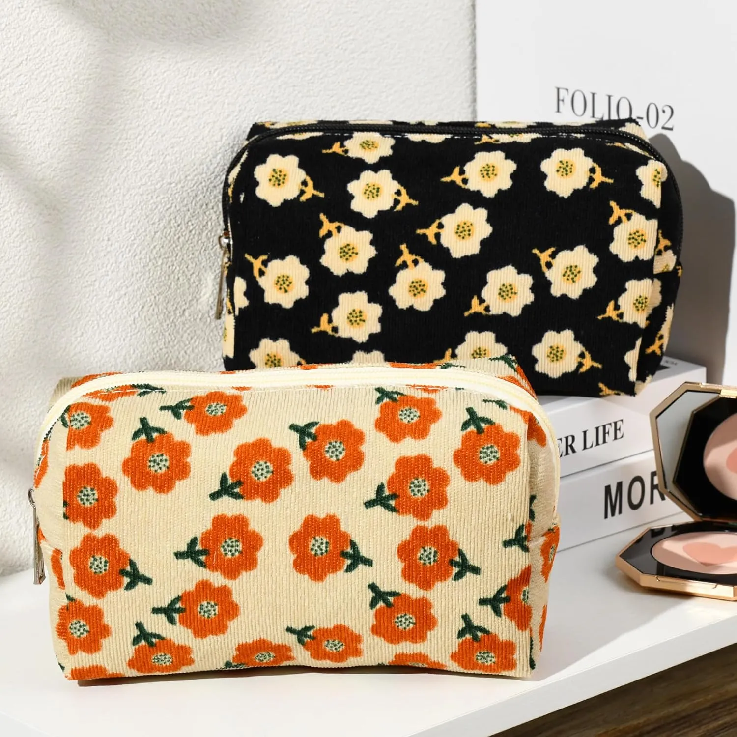2 Pieces Makeup Bag Floral Cosmetic Bag Purple Blue Makeup Pouch Travel Toiletry Bag Organizer Cute Makeup Brushes Storage Bag for Women