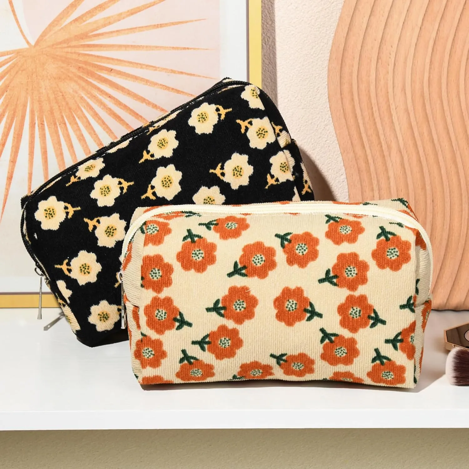 2 Pieces Makeup Bag Floral Cosmetic Bag Purple Blue Makeup Pouch Travel Toiletry Bag Organizer Cute Makeup Brushes Storage Bag for Women