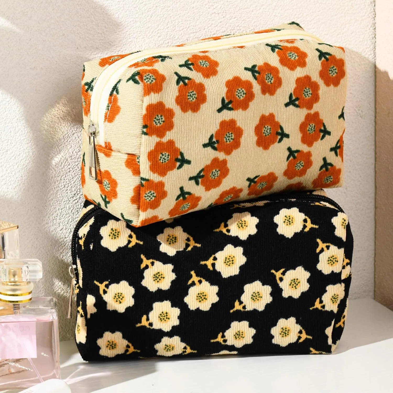 2 Pieces Makeup Bag Floral Cosmetic Bag Purple Blue Makeup Pouch Travel Toiletry Bag Organizer Cute Makeup Brushes Storage Bag for Women