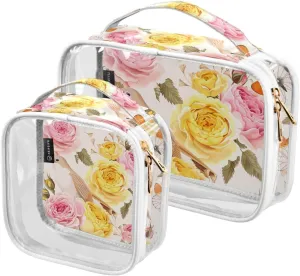 2 Pieces Portable Clear Large Makeup Bag, PVC Waterproof Travel Organizer for Men Women, Sparrows-rose-print Toiletry Bags with Gold Zippers.