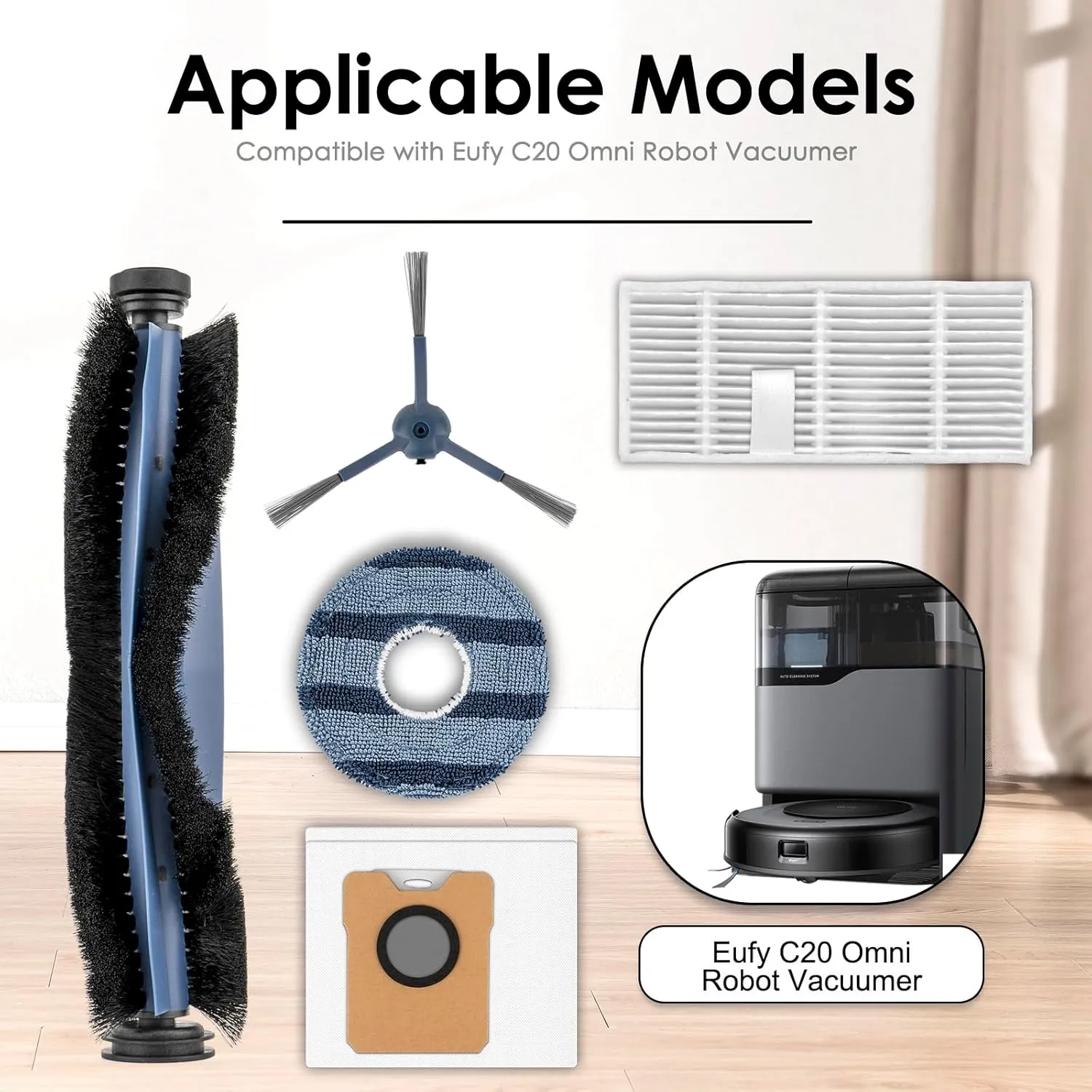 (20 Pack) C20 Omni Replacement Parts Compatible with Eufy C20 Omni Robot Vacuum, 2 Roller Brush, 4 Side Brushes, 5 HEPA Filters, 5 Dust Bags, 4 Mop Pads, Vacuum Attachments Accessories Kit