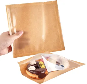 200 Pack Heat Sealable Bakery Bags with Window, Kraft Paper Grease Resistant To Go Cookie Bags for Packaging Donut, Pastries and other Treats (7.1 x 7.5 Inch)