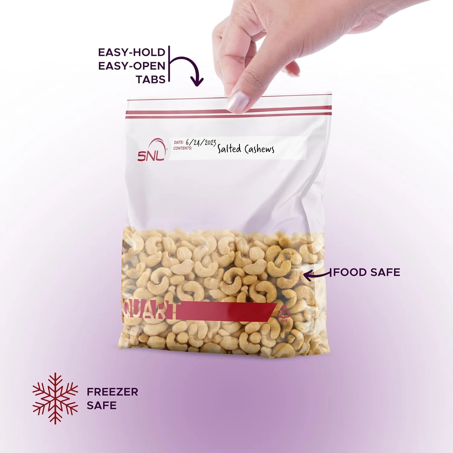 200 Pack Quart Food Bags by SNL, Leak-Proof, Clear, Write-On Block, Reclosable, Disposable, Storage Bags, Double Seal Zippers with Clicking Noise Zip Confirmation, Stand-Alone Gusset, Easy Dispensing