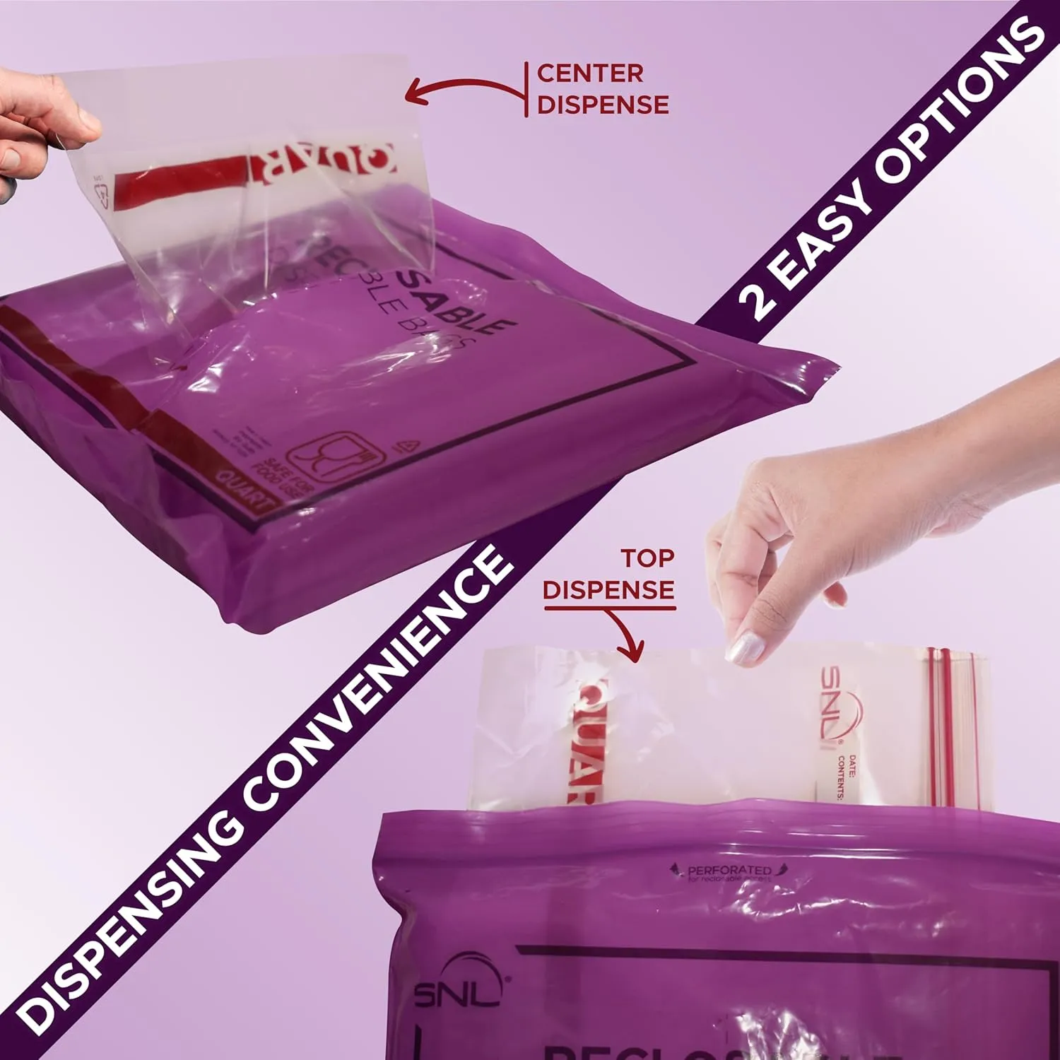 200 Pack Quart Food Bags by SNL, Leak-Proof, Clear, Write-On Block, Reclosable, Disposable, Storage Bags, Double Seal Zippers with Clicking Noise Zip Confirmation, Stand-Alone Gusset, Easy Dispensing