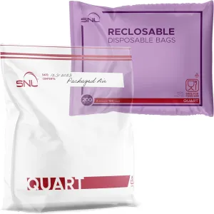 200 Pack Quart Food Bags by SNL, Leak-Proof, Clear, Write-On Block, Reclosable, Disposable, Storage Bags, Double Seal Zippers with Clicking Noise Zip Confirmation, Stand-Alone Gusset, Easy Dispensing
