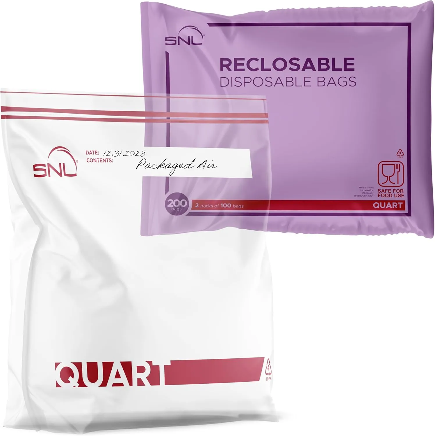 200 Pack Quart Food Bags by SNL, Leak-Proof, Clear, Write-On Block, Reclosable, Disposable, Storage Bags, Double Seal Zippers with Clicking Noise Zip Confirmation, Stand-Alone Gusset, Easy Dispensing