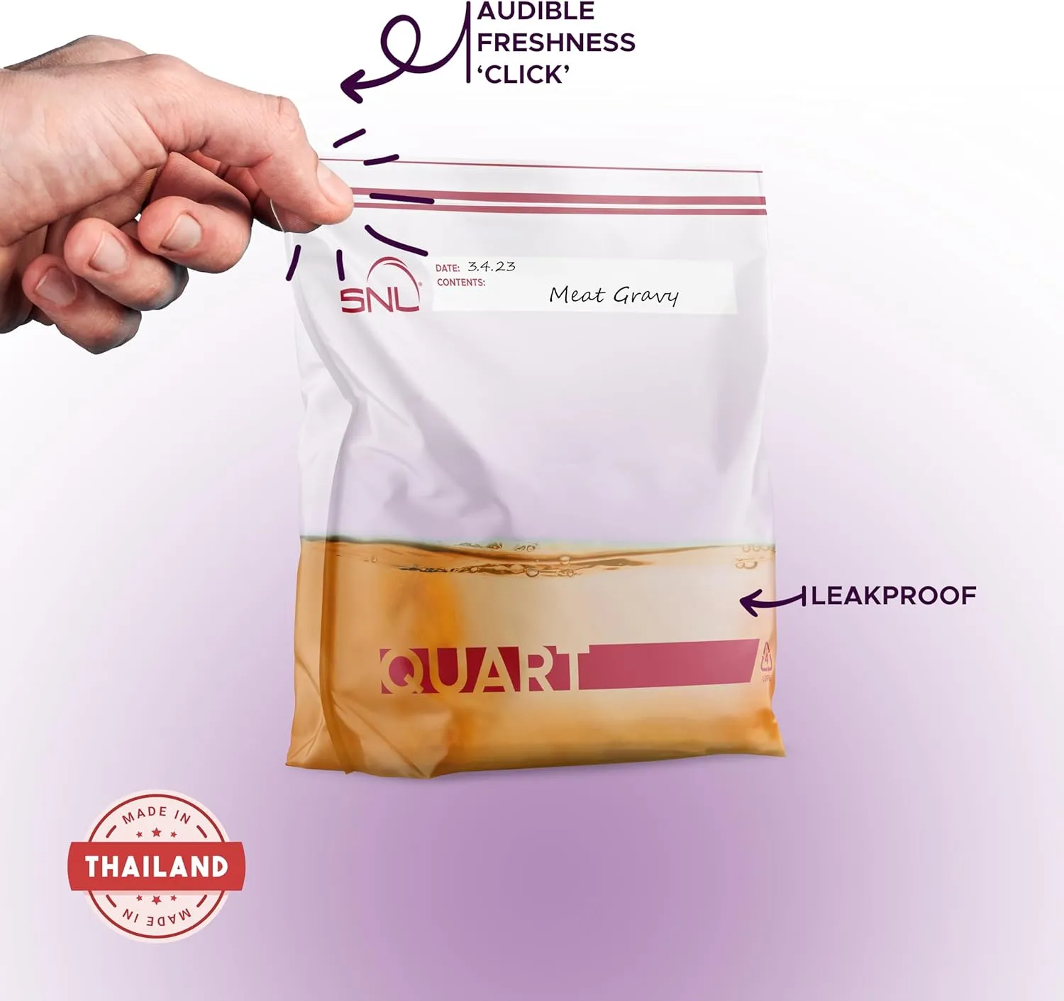 200 Pack Quart Food Bags by SNL, Leak-Proof, Clear, Write-On Block, Reclosable, Disposable, Storage Bags, Double Seal Zippers with Clicking Noise Zip Confirmation, Stand-Alone Gusset, Easy Dispensing