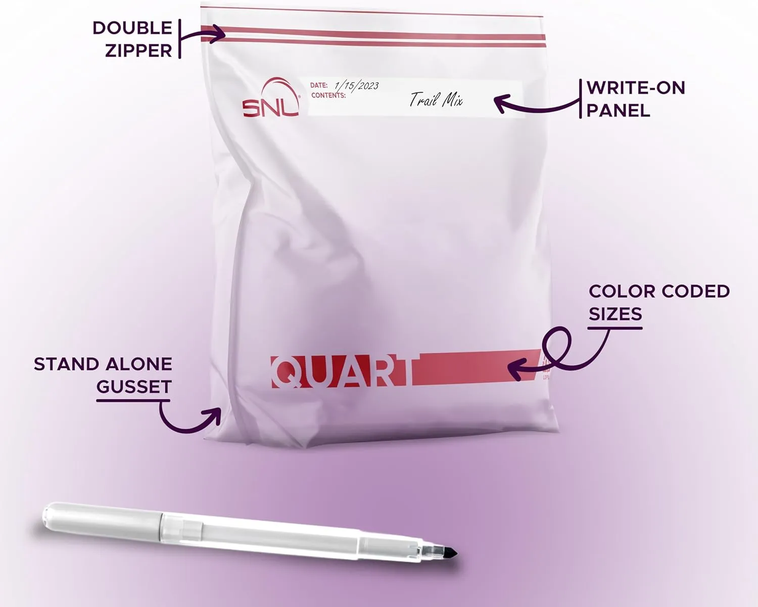 200 Pack Quart Food Bags by SNL, Leak-Proof, Clear, Write-On Block, Reclosable, Disposable, Storage Bags, Double Seal Zippers with Clicking Noise Zip Confirmation, Stand-Alone Gusset, Easy Dispensing