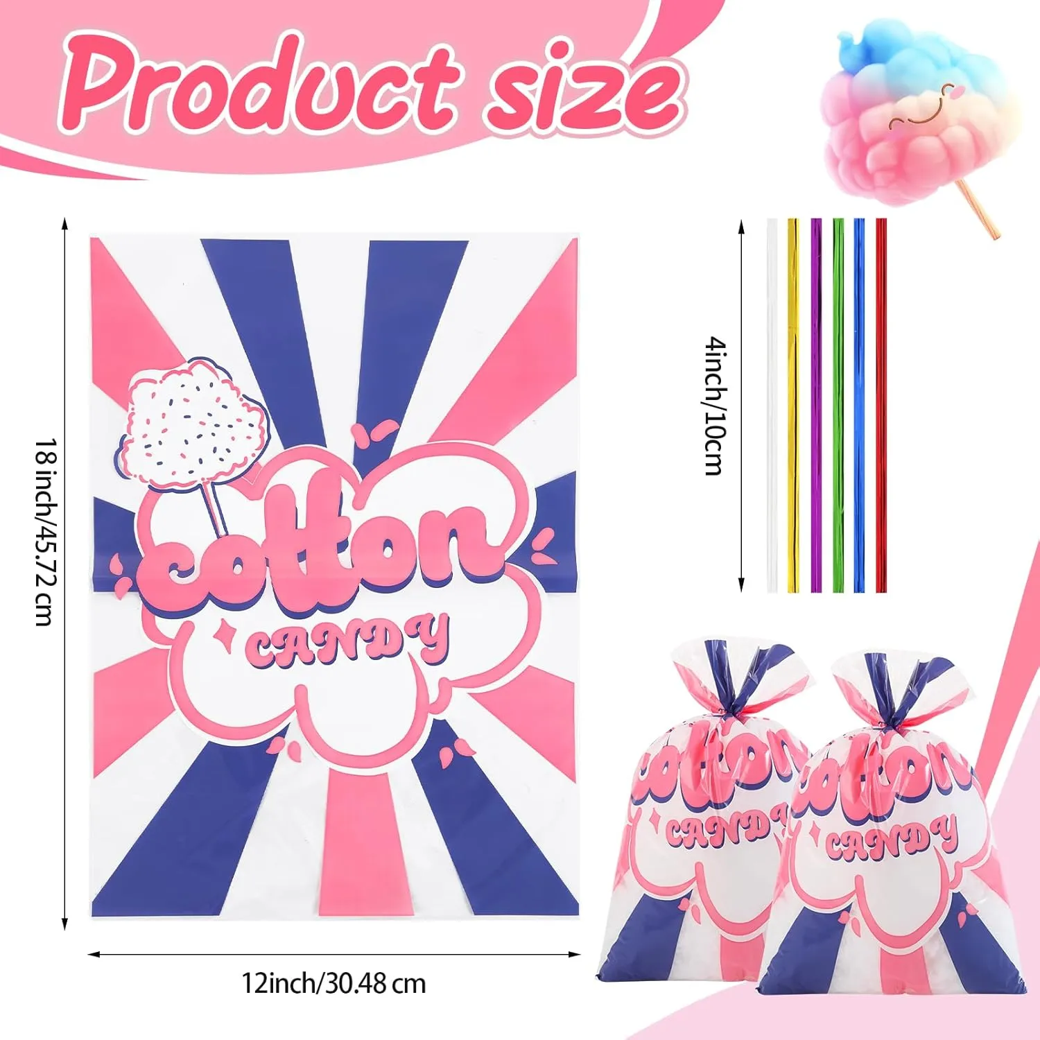 200 Pcs Carnival Cotton Candy Bags 12x18 Inches, Clear Plastic Bags with Twist Ties, Printed Circus Carnival Theme for Carnivals Circus Party Favors Supplies,Kitchen