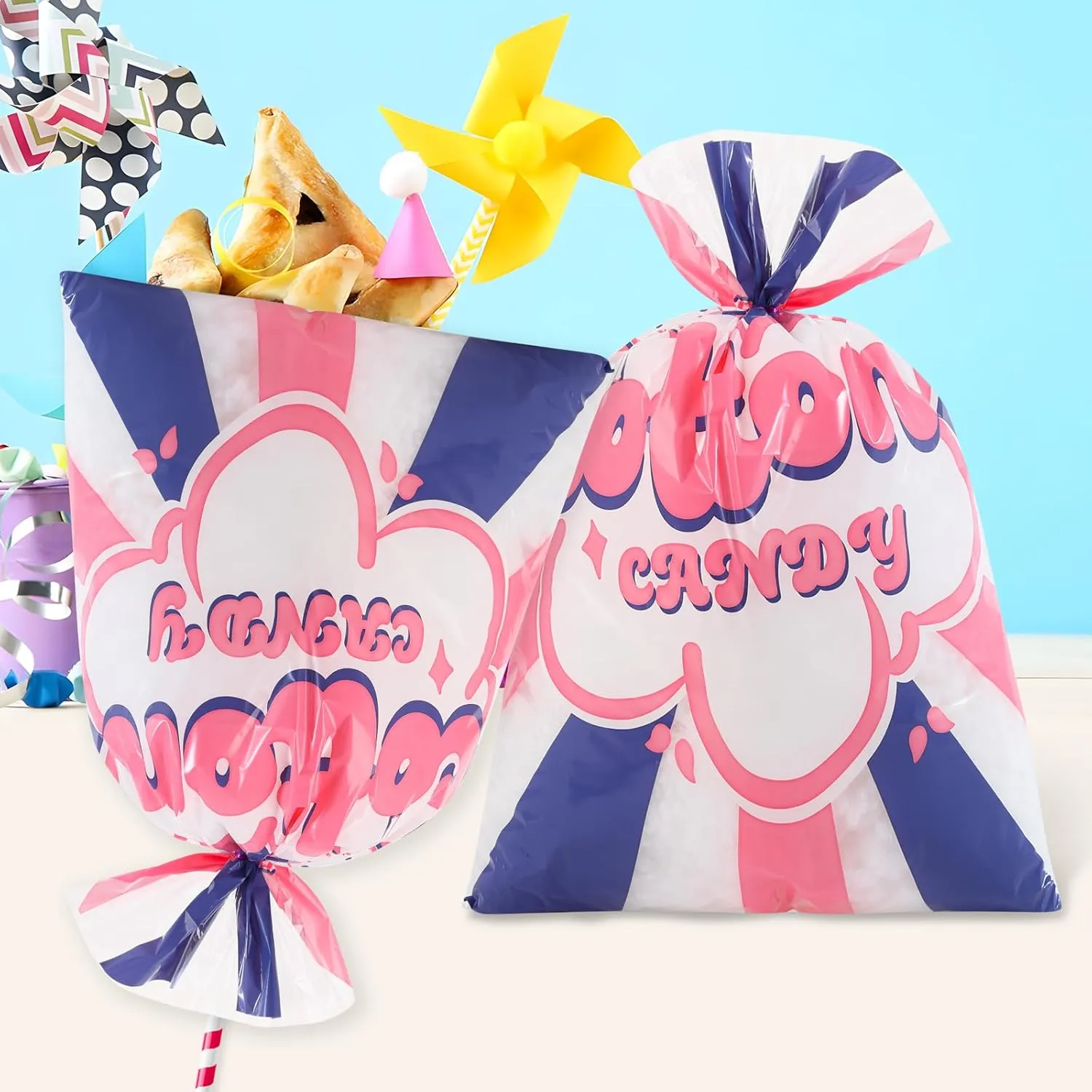 200 Pcs Carnival Cotton Candy Bags 12x18 Inches, Clear Plastic Bags with Twist Ties, Printed Circus Carnival Theme for Carnivals Circus Party Favors Supplies,Kitchen