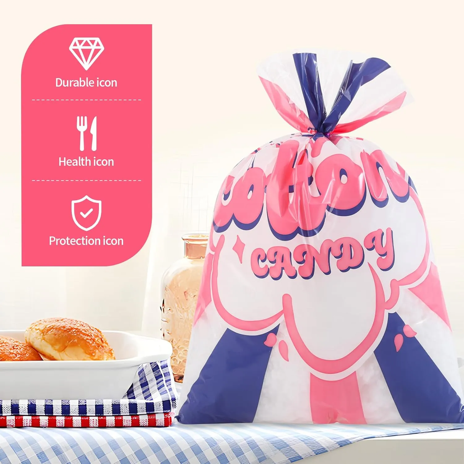 200 Pcs Carnival Cotton Candy Bags 12x18 Inches, Clear Plastic Bags with Twist Ties, Printed Circus Carnival Theme for Carnivals Circus Party Favors Supplies,Kitchen