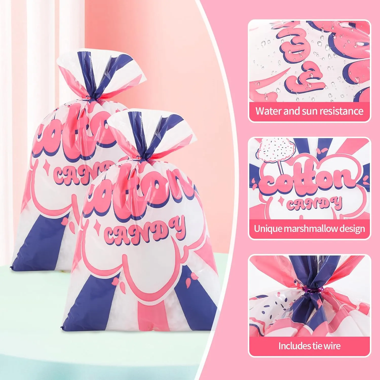 200 Pcs Carnival Cotton Candy Bags 12x18 Inches, Clear Plastic Bags with Twist Ties, Printed Circus Carnival Theme for Carnivals Circus Party Favors Supplies,Kitchen