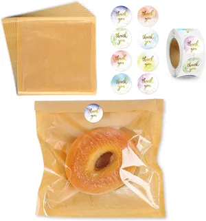 200 Pcs Heat Sealable Bakery Bags with Window, 7.1 x 7.5 Inch Grease Resistant Kraft Paper Food Bags with Paper Stickers for Packaging Donut Bread Cookie Goods Sandwich Baked Treat