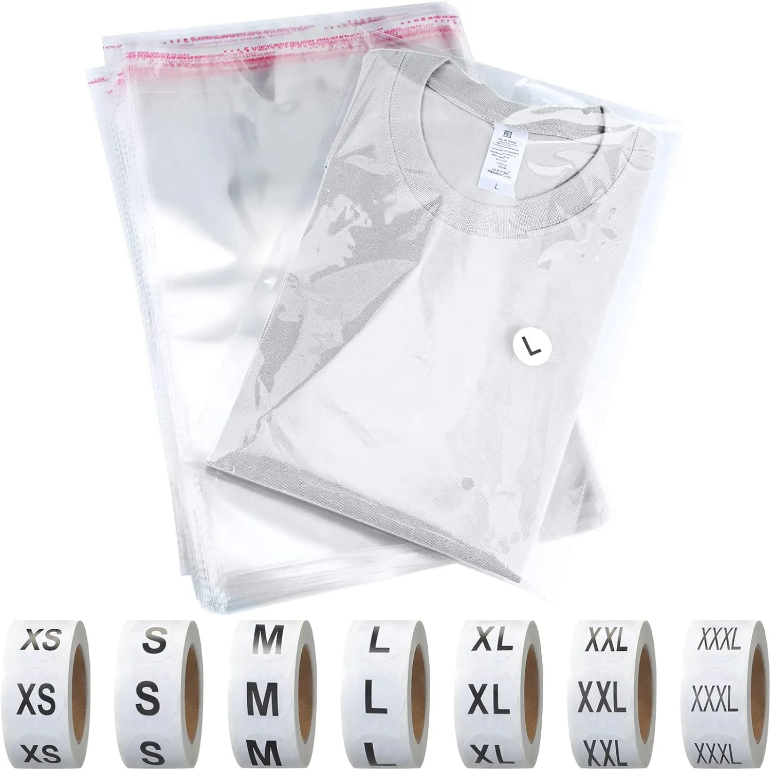 200 Pcs Resealable Poly Clear Shirt Bags with 7 Sizes 3500 Pcs Clothing Size Stickers Labels Self Sealing Plastic Bag for Small Businesses Packaging T Shirts Retail Storage(10 x 13 Inch)