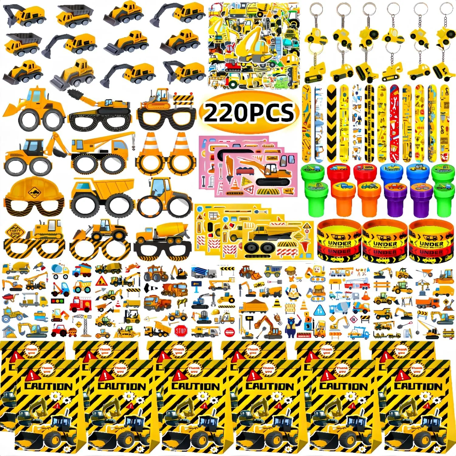 220PCS Construction Birthday Party Favors,construction birthday party supplies,excavator birthday decorations-Available for 12 People.