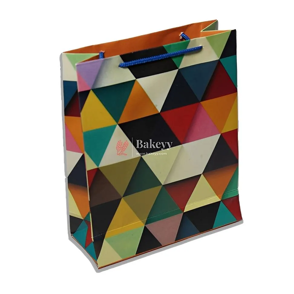 22.5x18x7 cm | Paper Bag Stylish Geometric Gift Bag with Blue Rope Handles | Pack of 10