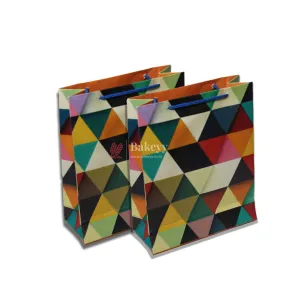 22.5x18x7 cm | Paper Bag Stylish Geometric Gift Bag with Blue Rope Handles | Pack of 10