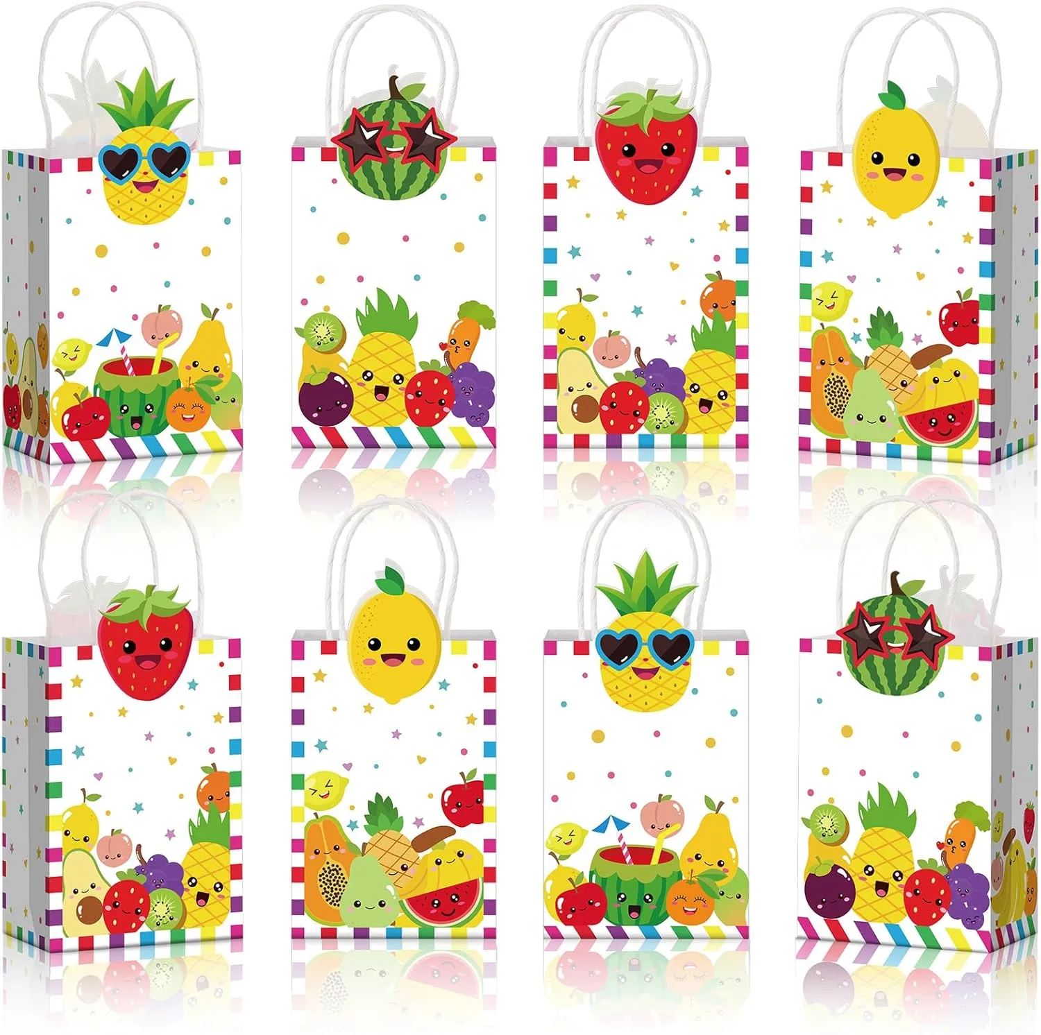 24pcs Fruit Party Favors Bags Bulk with Handles Summer Kawaii Fruits Kraft Paper Goodie Gift Bags for Sensory 1st Birthday Party Supplies Baby Shower Hawaii Decorations