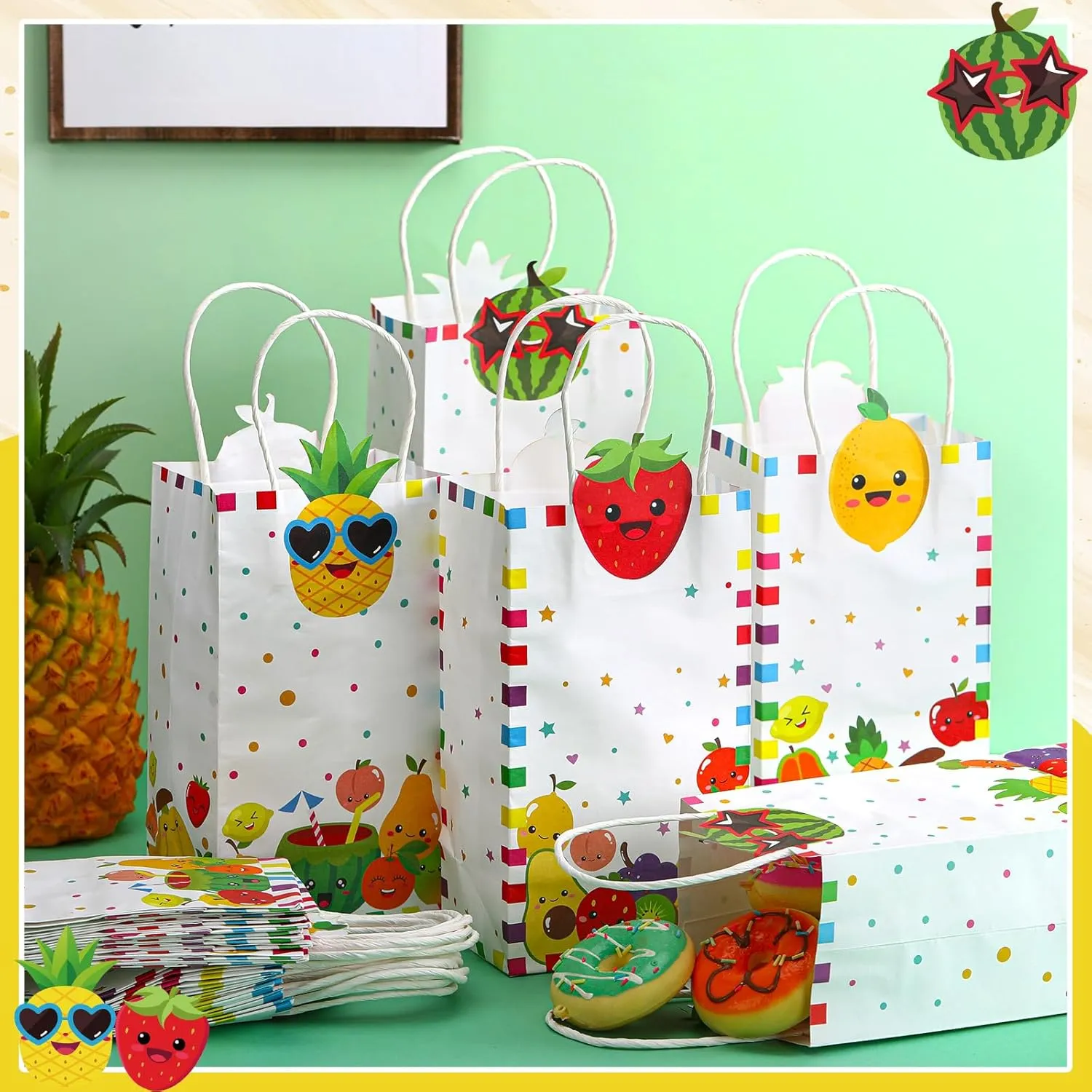 24pcs Fruit Party Favors Bags Bulk with Handles Summer Kawaii Fruits Kraft Paper Goodie Gift Bags for Sensory 1st Birthday Party Supplies Baby Shower Hawaii Decorations