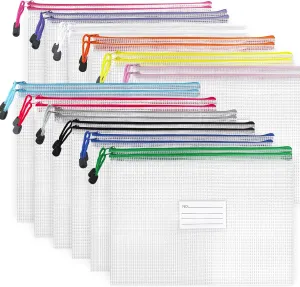 24pcs Mesh Zipper Pouch Puzzle Bags 13.4x9.4 Inches A4 Plastic Zip File Bag with Label Pocket for School Office Supplies, Board Game Storage Bags for Organizing