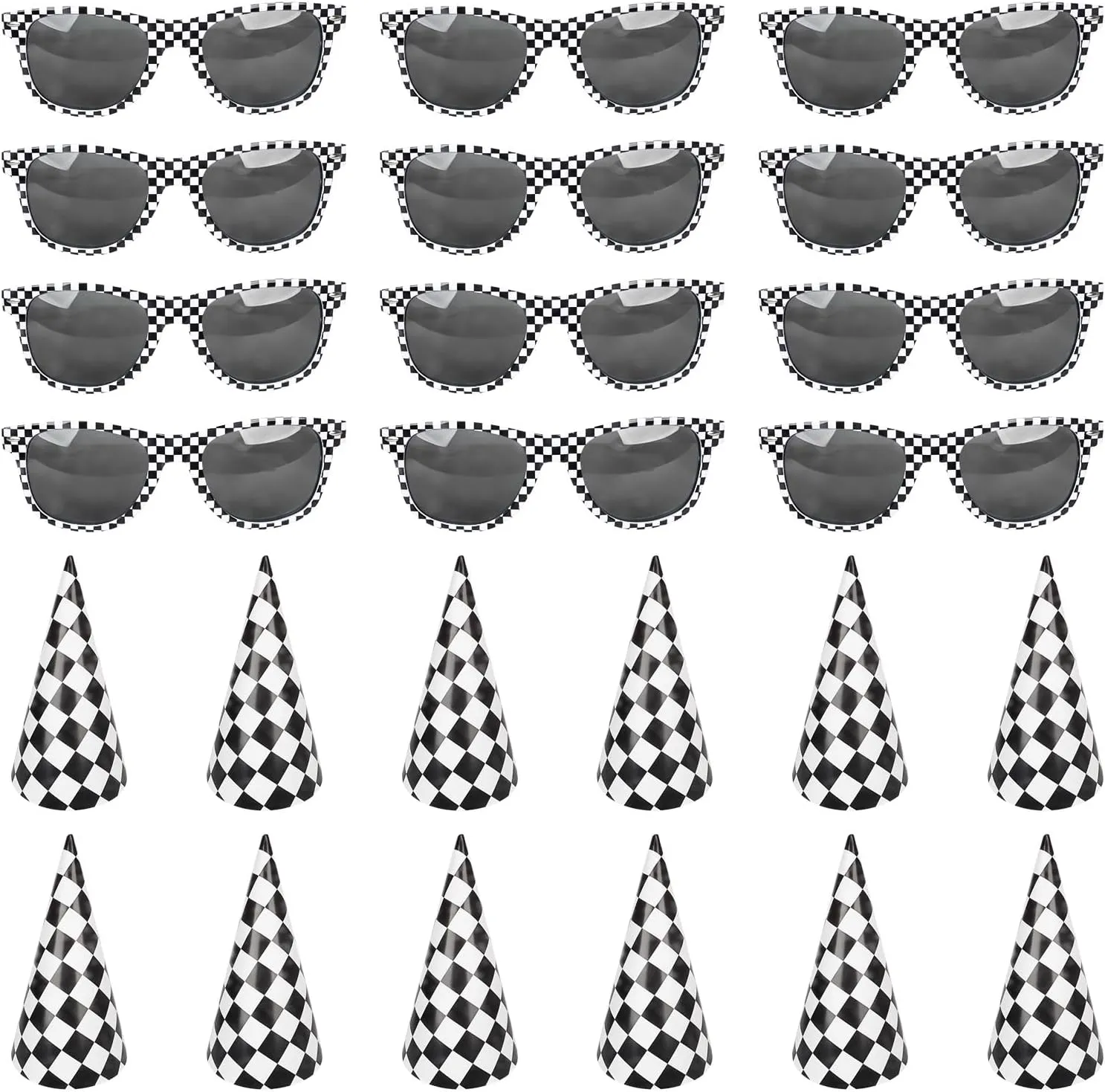 24Pcs Race Car Party Supplies Favors Set Include 12 Race Car Checkered Sunglasses 12Black and White Checkered Cone Hats for Teenagers and Adults Birthday Decorations