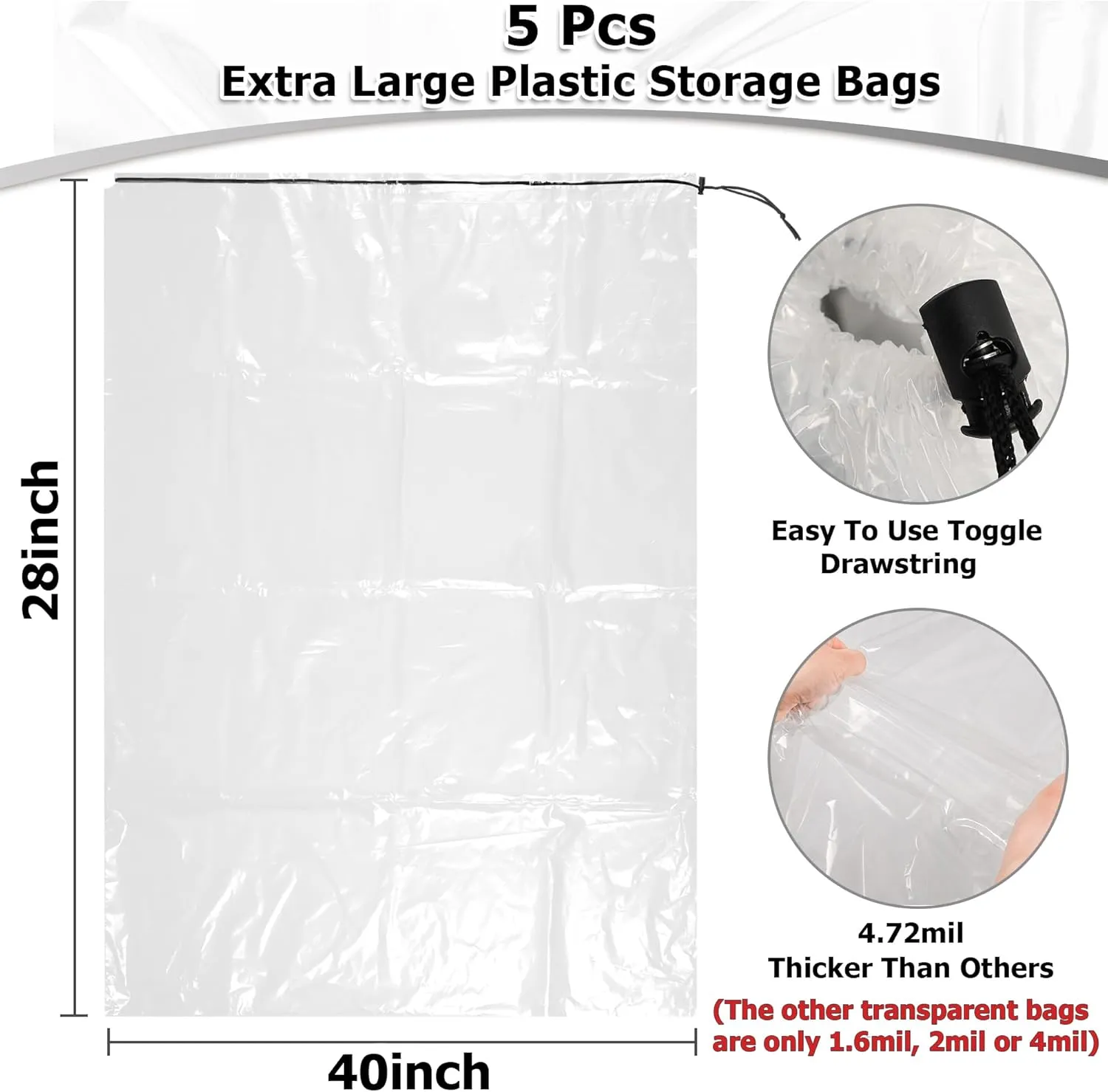 28 x 40 inches Extra Large Clear Drawstring Plastic Storage Bags, Multi-Purpose for Storage and Household Organizing Reusable Bags, Perfect for DustProof, MoistureProof (5 Pack, 4.72 Mil, Flat)