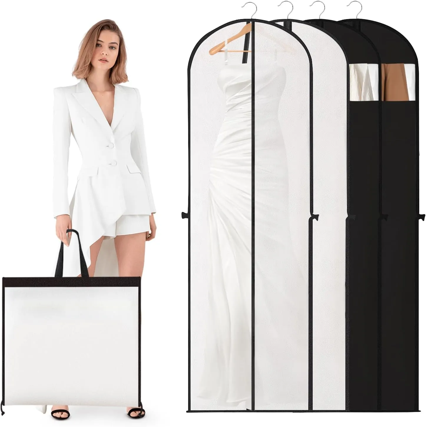 2Pack Garment Bags for Travel, 71" Hanging Dress Bags Waterproof Suit Bags for Gowns Dresses Long Garment, Foldable & Portable Garment Bag, Black & White