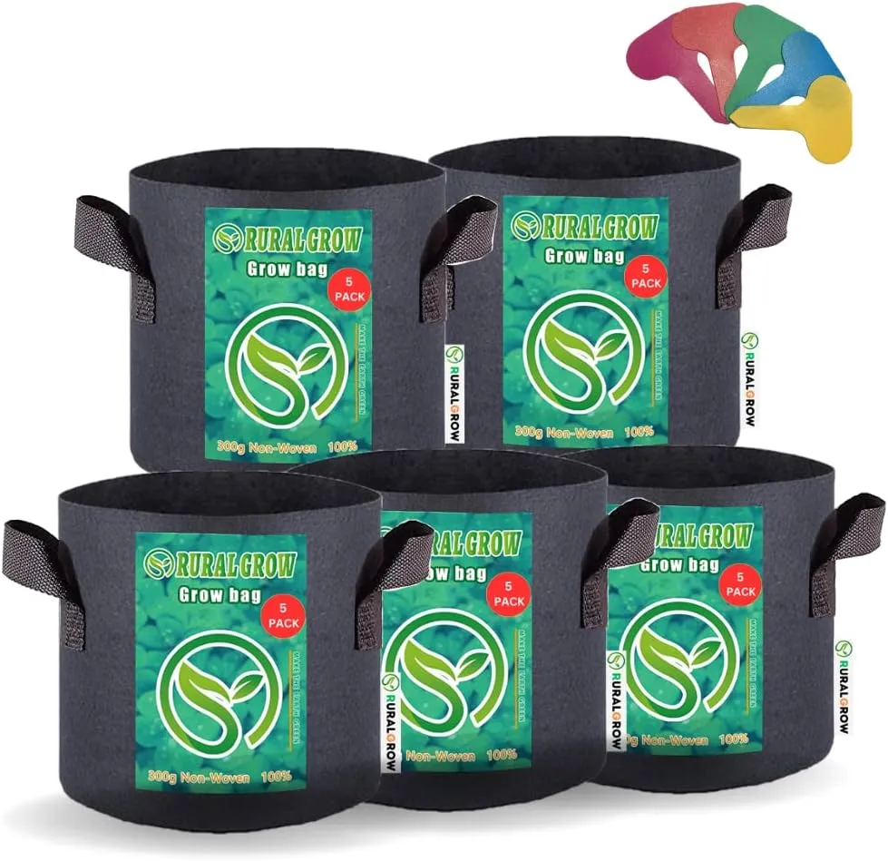 3 Gallon Grow Bags, 5-Pack Fabric Pots 300G Thickened Aeration Non-Woven Grow Bag 3 Gallon with Handles, Garden Bags to Grow Vegetables, Fruits