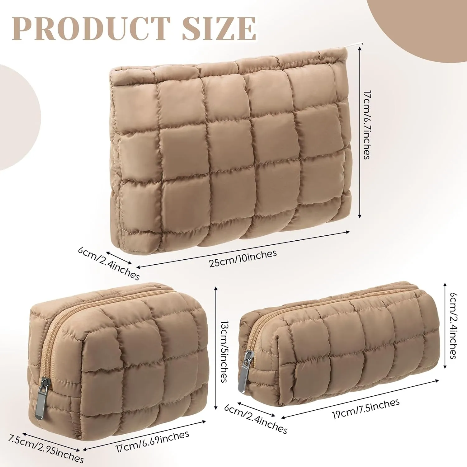 3 Pcs Puffy Makeup Bag Quilted Cosmetic Pouch for Women Cute Checkered Travel Toiletry Bag Puffer Makeup Organizer Purse Pouch Preppy Pencil Case with Zipper (Brown)