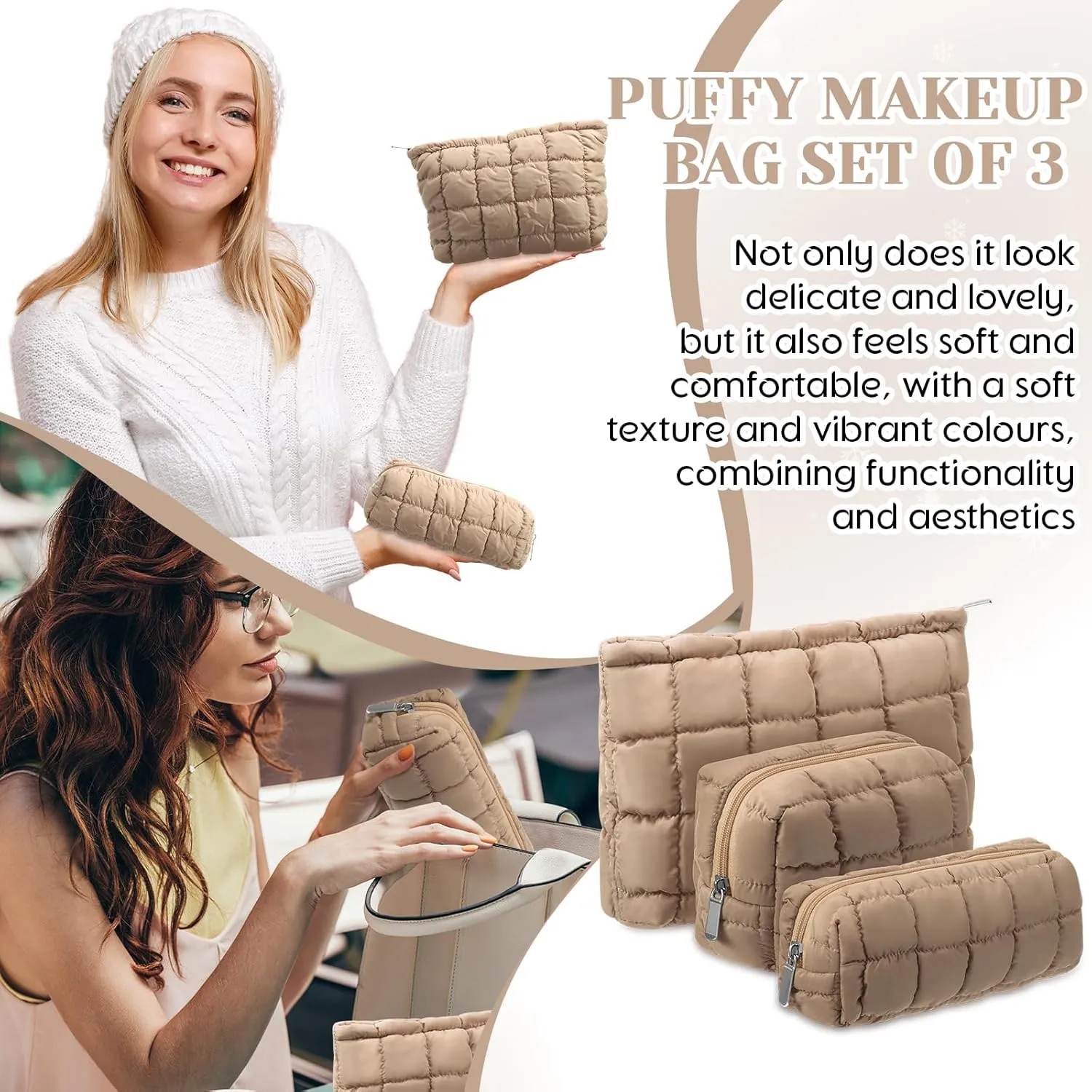 3 Pcs Puffy Makeup Bag Quilted Cosmetic Pouch for Women Cute Checkered Travel Toiletry Bag Puffer Makeup Organizer Purse Pouch Preppy Pencil Case with Zipper (Brown)