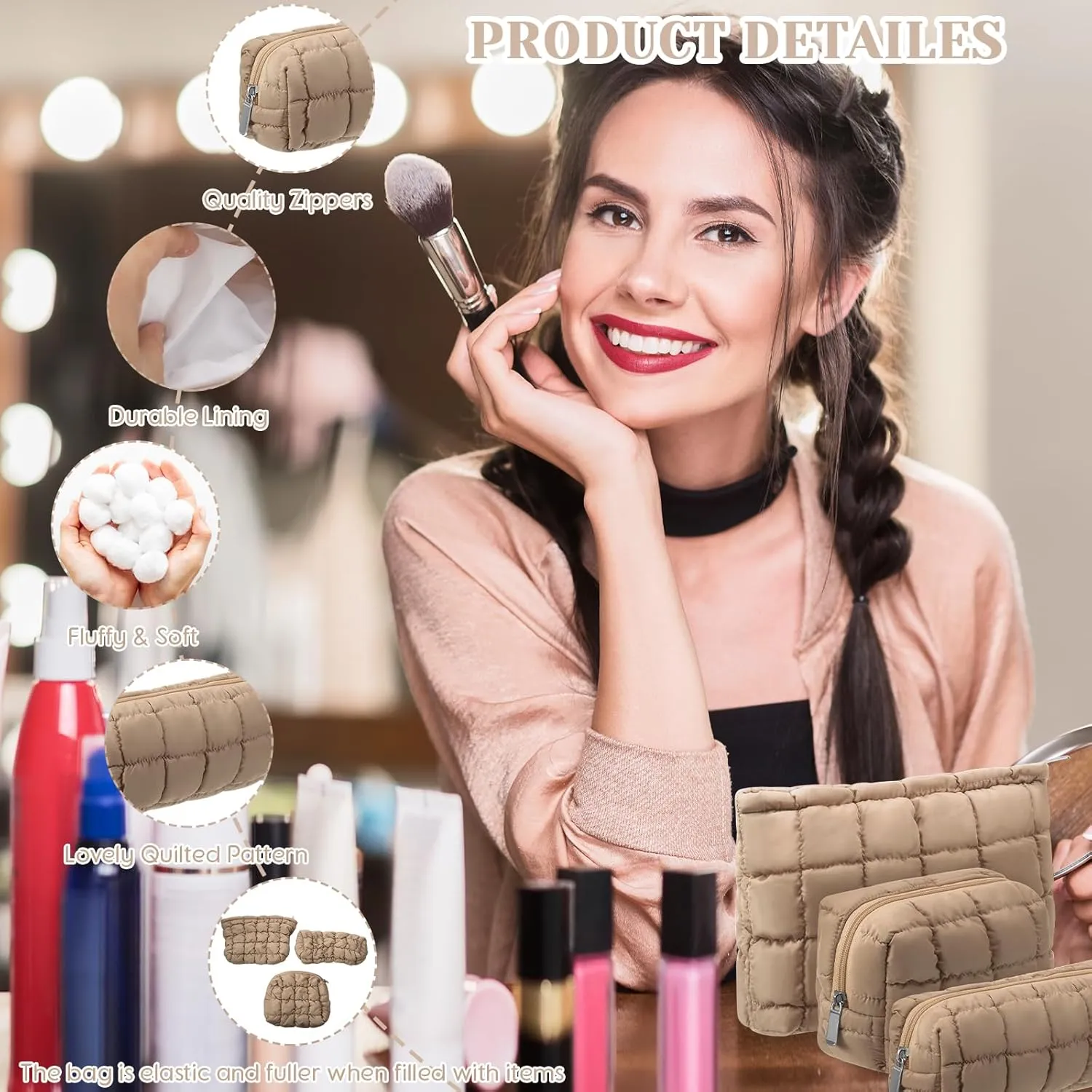 3 Pcs Puffy Makeup Bag Quilted Cosmetic Pouch for Women Cute Checkered Travel Toiletry Bag Puffer Makeup Organizer Purse Pouch Preppy Pencil Case with Zipper (Brown)