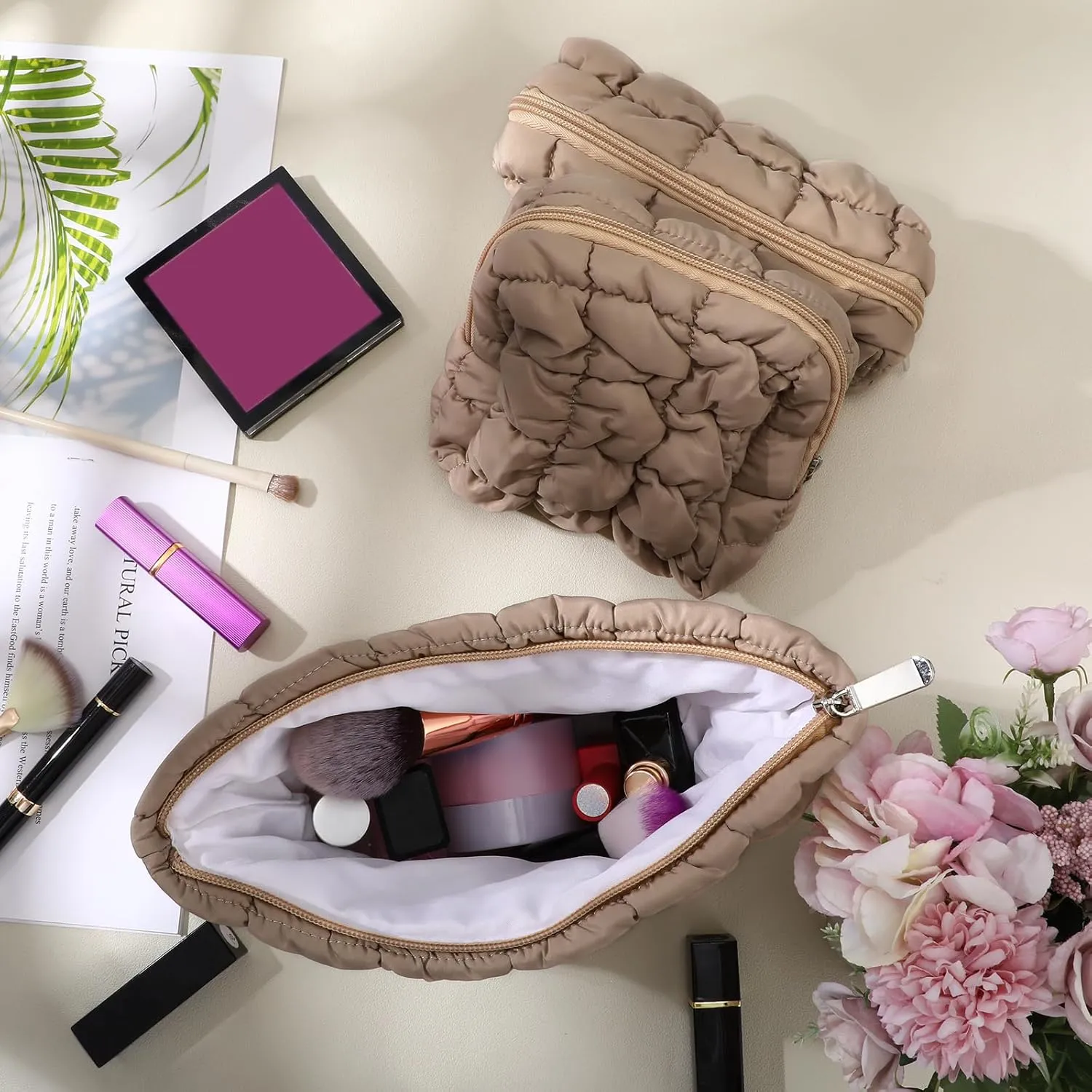 3 Pcs Puffy Makeup Bag Quilted Cosmetic Pouch for Women Cute Checkered Travel Toiletry Bag Puffer Makeup Organizer Purse Pouch Preppy Pencil Case with Zipper (Brown)