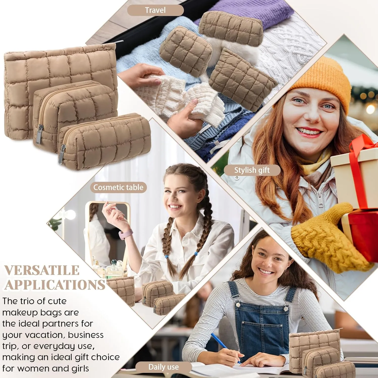3 Pcs Puffy Makeup Bag Quilted Cosmetic Pouch for Women Cute Checkered Travel Toiletry Bag Puffer Makeup Organizer Purse Pouch Preppy Pencil Case with Zipper (Brown)