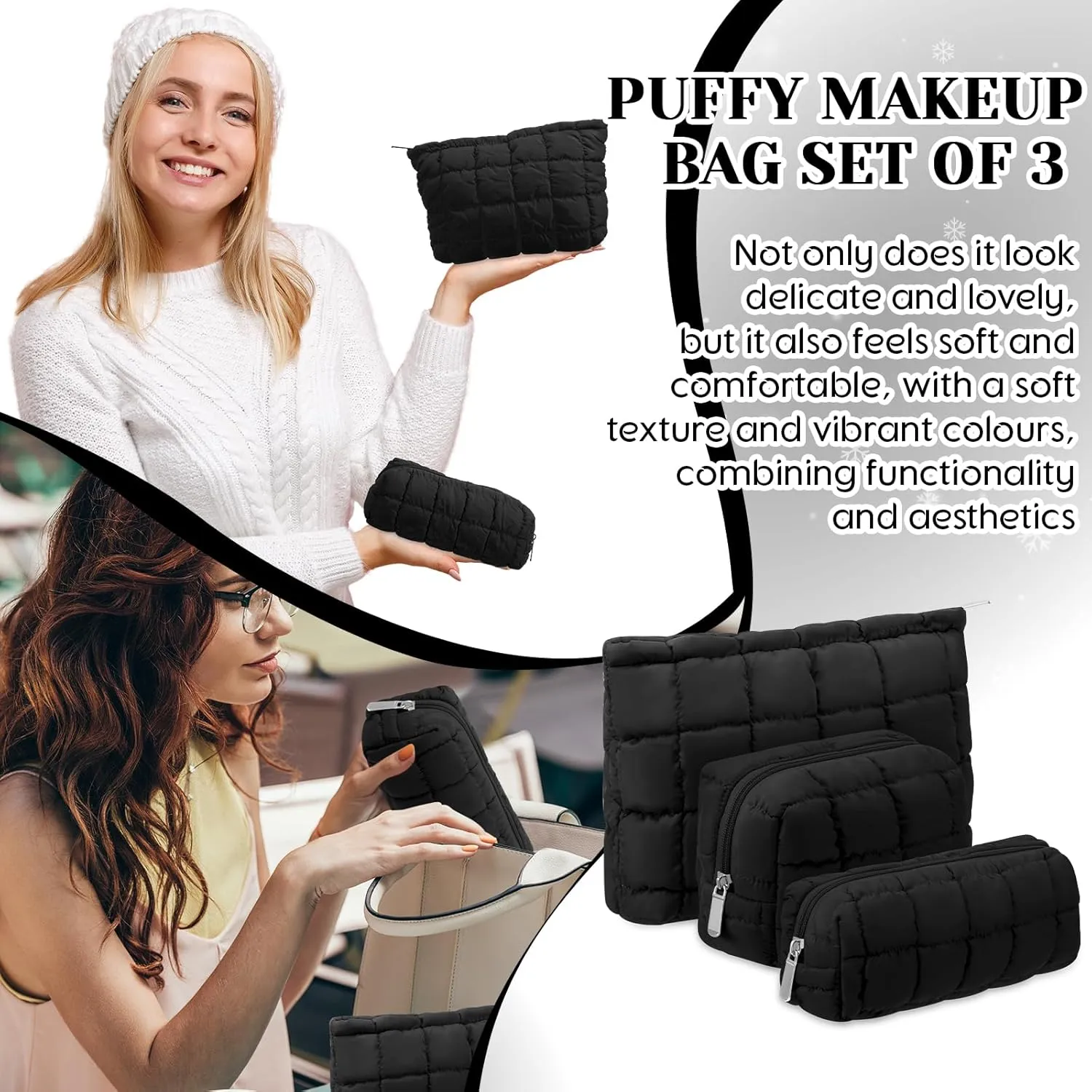 3 Pcs Puffy Makeup Bag Quilted Cosmetic Pouch for Women Cute Checkered Travel Toiletry Bag Puffer Makeup Organizer Purse Pouch Preppy Pencil Case with Zipper