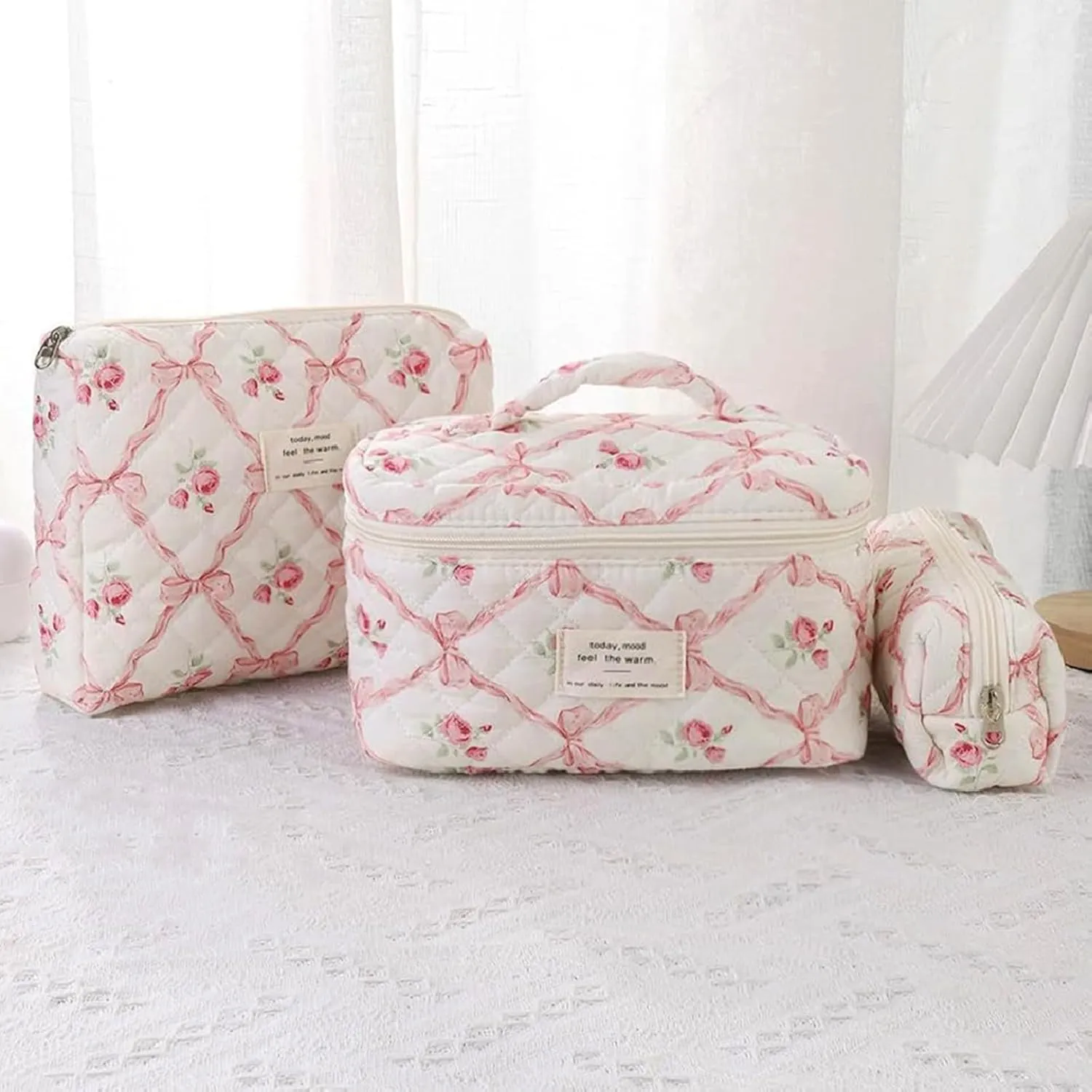 3 Pcs Quilted Bow Coquette Floral Makeup Bag Set, Large Toiletry Cosmetic Organizer for Women Girls (H-3PCS)