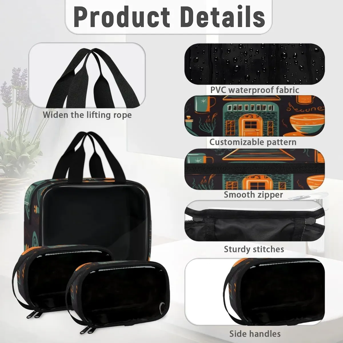 3 PCS Travel Makeup Bag Set Coffee Tableware House Translucent Cosmetic Bags Portable Toiletry Bag for Women Makeup & Skincare Storage for Travel & Daily Use