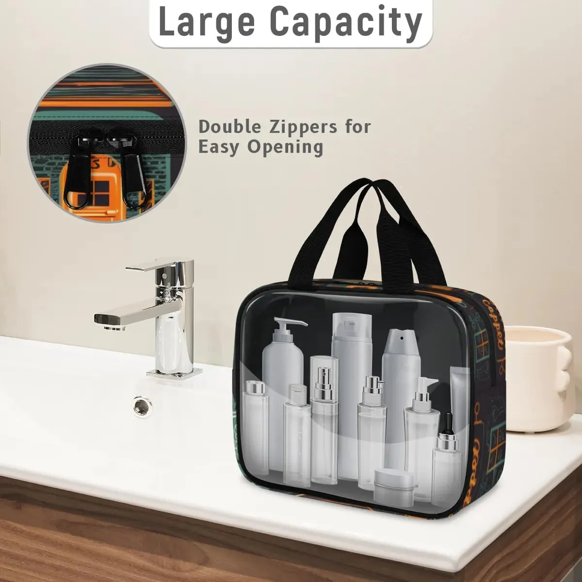 3 PCS Travel Makeup Bag Set Coffee Tableware House Translucent Cosmetic Bags Portable Toiletry Bag for Women Makeup & Skincare Storage for Travel & Daily Use