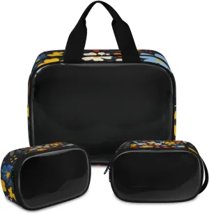 3 PCS Travel Makeup Bag Set Floral Printed Cartoon Translucent Cosmetic Bags Portable Toiletry Bag for Women Makeup & Skincare Storage for Travel & Daily Use