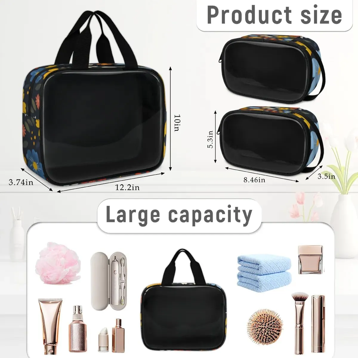 3 PCS Travel Makeup Bag Set Floral Printed Cartoon Translucent Cosmetic Bags Portable Toiletry Bag for Women Makeup & Skincare Storage for Travel & Daily Use