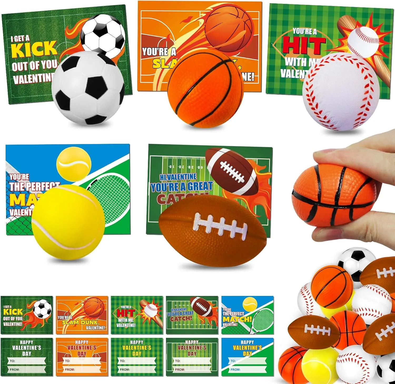 30 Pack Valentines Day Cards for Kids Classroom, Mini Foam Sport Ball Toys with Valentines Day Cards for Kids School, Valentine Class Exchange Goodie Bag Stuffers School Party Favors Bulk