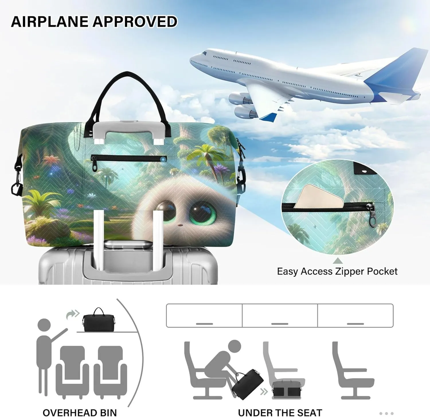 3D Animation Fluffy Creature Duffel Bags for Traveling Toiletry Bag Set of 2, Print Women Tote Gym Bag Weekend Bag Duffel