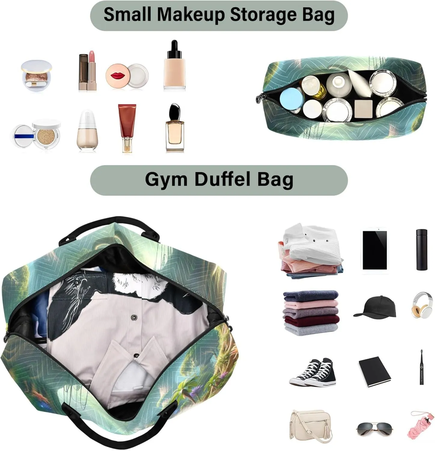 3D Animation Fluffy Creature Duffel Bags for Traveling Toiletry Bag Set of 2, Print Women Tote Gym Bag Weekend Bag Duffel