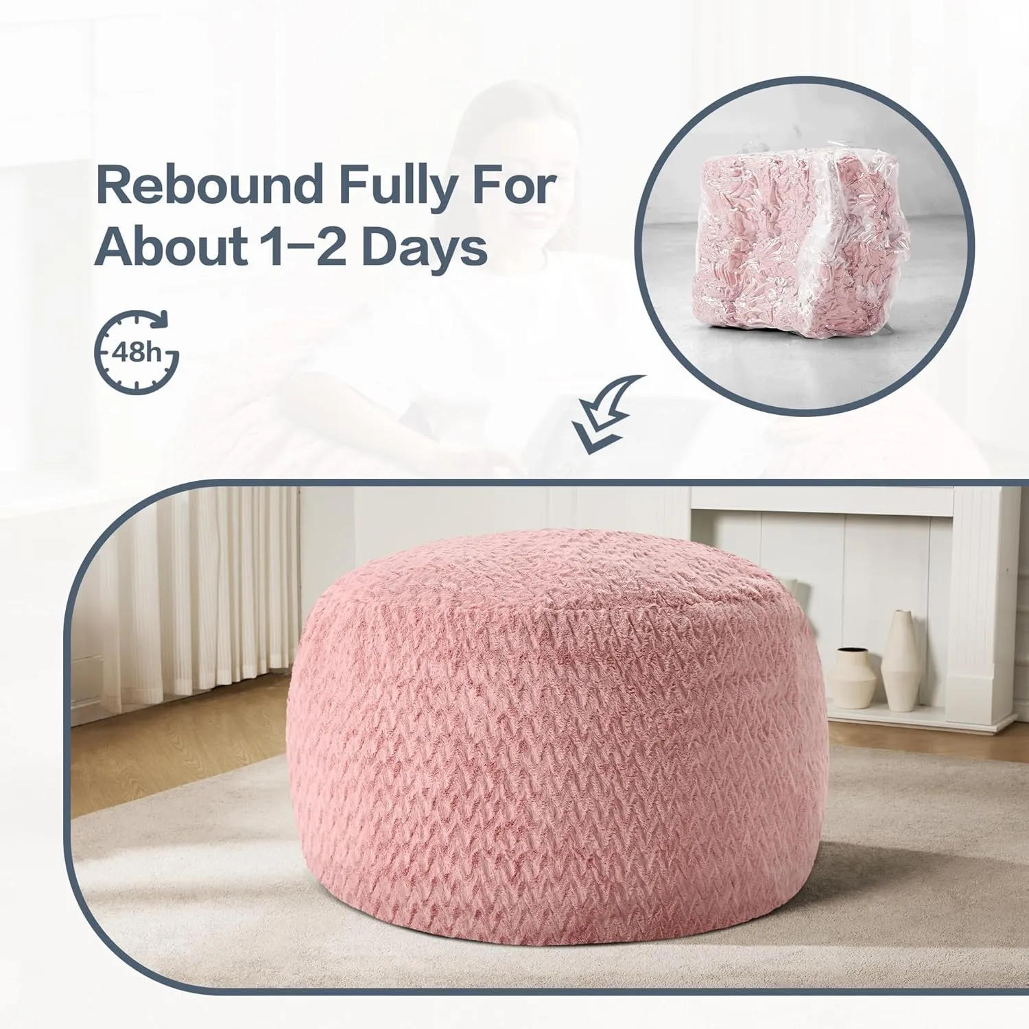 3ft Bean Bag Chairs for Adults Large Beanbag Chair with Chevron Plush Fur Cover Big Bean Bag Chair for Living Room Bedroom Dorm (Pink)