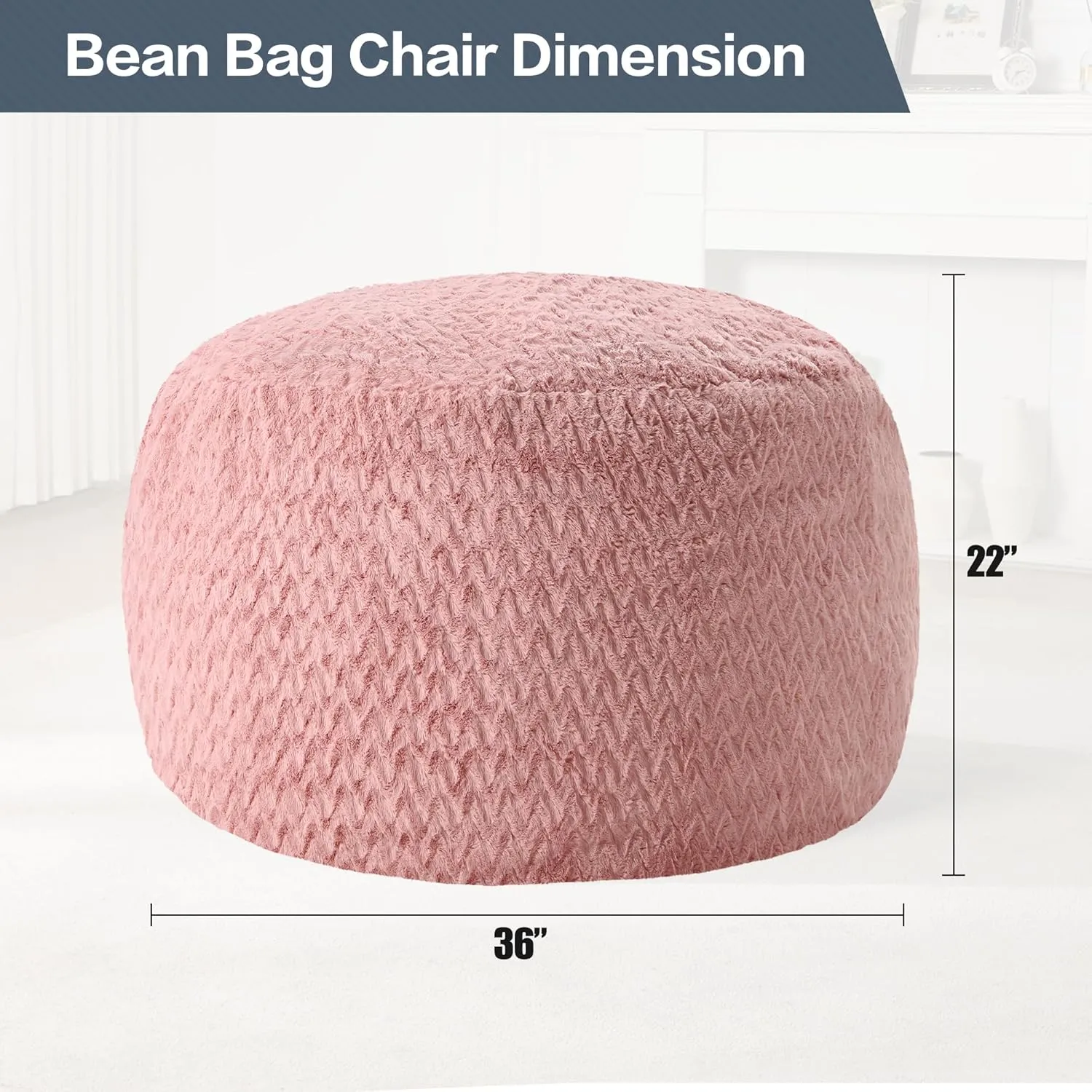 3ft Bean Bag Chairs for Adults Large Beanbag Chair with Chevron Plush Fur Cover Big Bean Bag Chair for Living Room Bedroom Dorm (Pink)