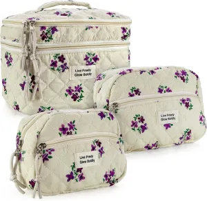 3Pcs Large Travel Quilted Makeup Bag, Double Layer Cute Floral Cotton Toiletry Bag, Aesthetic Flower Cosmetic Bag Coquette Skincare Organizer Bag for Women (Purple Flower)