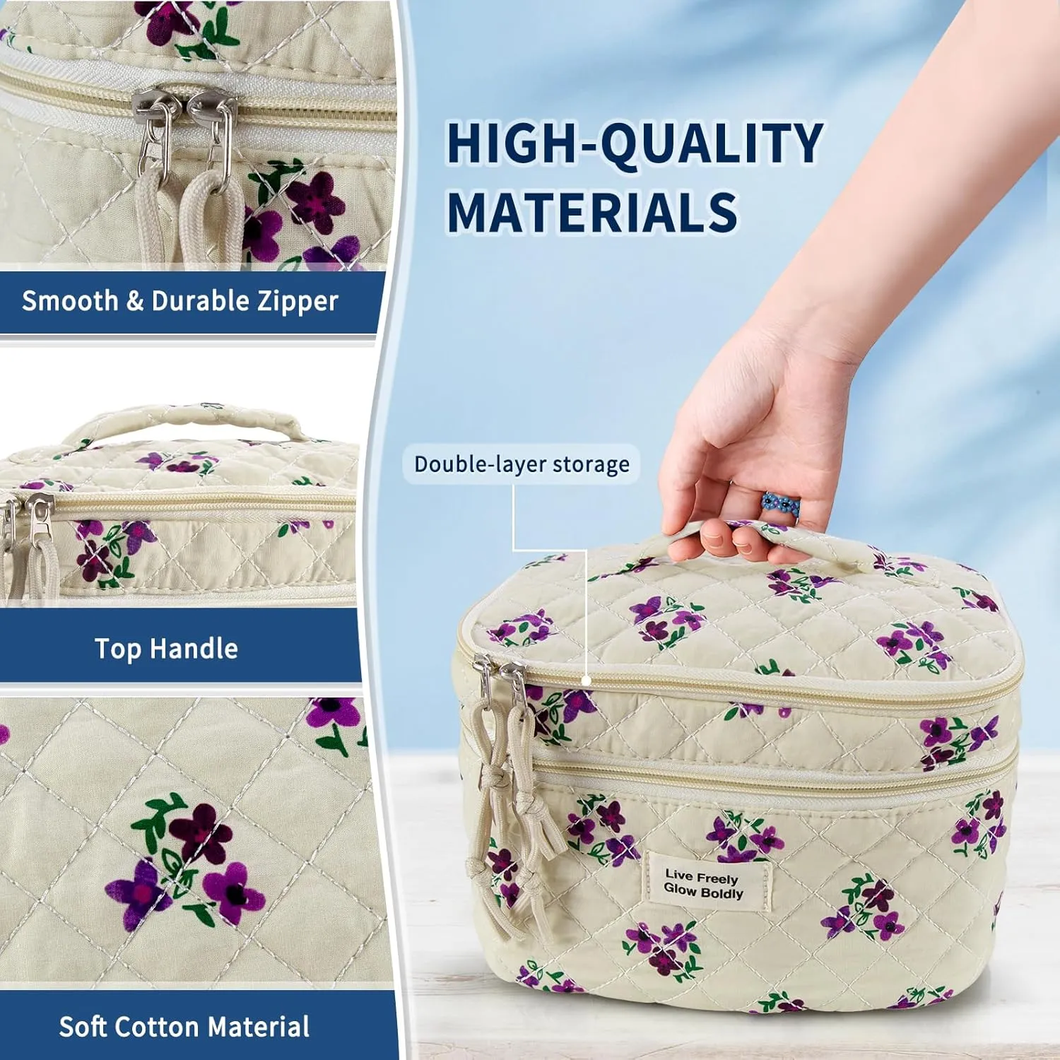 3Pcs Large Travel Quilted Makeup Bag, Double Layer Cute Floral Cotton Toiletry Bag, Aesthetic Flower Cosmetic Bag Coquette Skincare Organizer Bag for Women (Purple Flower)