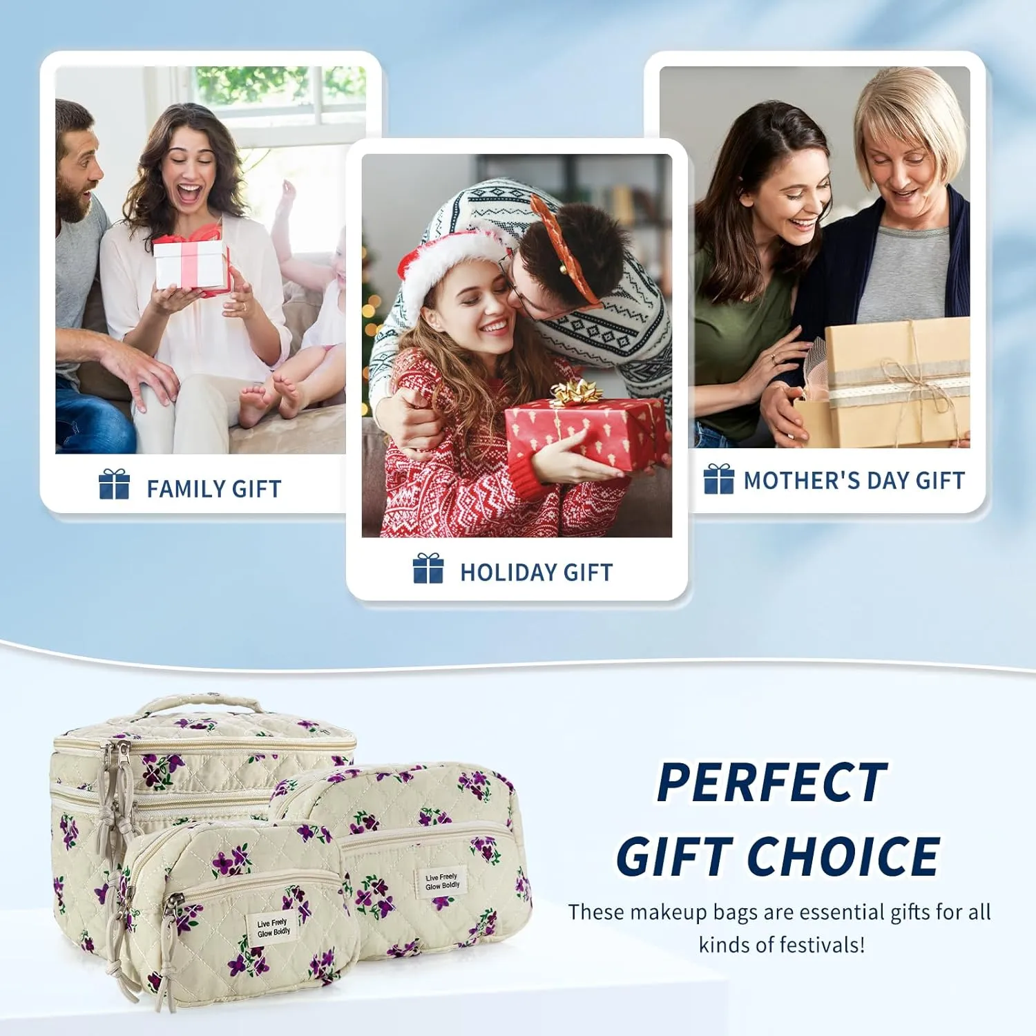 3Pcs Large Travel Quilted Makeup Bag, Double Layer Cute Floral Cotton Toiletry Bag, Aesthetic Flower Cosmetic Bag Coquette Skincare Organizer Bag for Women (Purple Flower)
