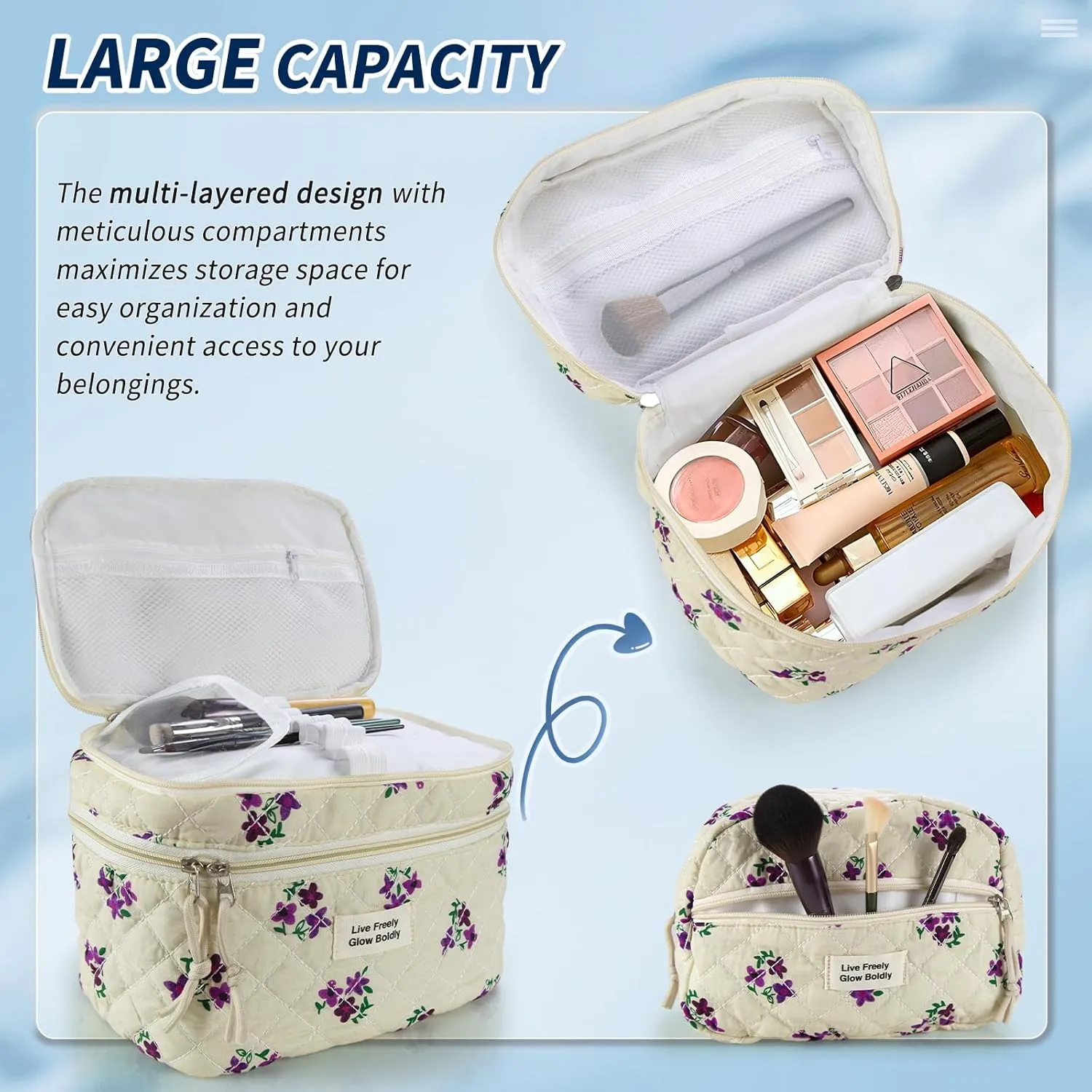 3Pcs Large Travel Quilted Makeup Bag, Double Layer Cute Floral Cotton Toiletry Bag, Aesthetic Flower Cosmetic Bag Coquette Skincare Organizer Bag for Women (Purple Flower)